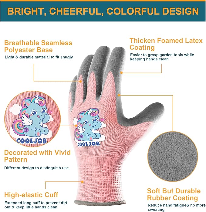 COOLJOB 3 Pairs Kids Gardening Gloves for Age 3-5, Children Toddler Girls Grippy Rubber Coated Work Gloves, Purple & Pink & Yellow (Little Beauty, Small S)