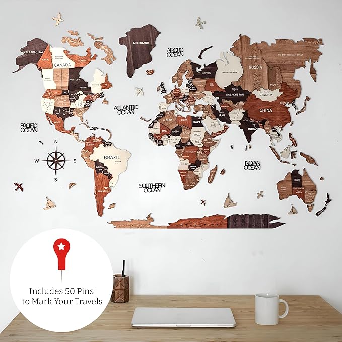 KPSKE 3D Wooden World Map for Wall - Wall Accent Map with Ocean Names, Boats, Compass and More - Wood Travel Map with 50 Pins (Natural)