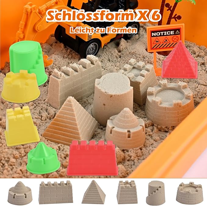 34Pcs Sand Construction Site Kit Sensory Bin Toy for Toddler with 8 Vehicles, 6 Castle Molds, 5 Road Signs, 4 Worker Figures, 2.2lbs Sand, Learning Sand Toys Birthday Gift for Kids Boys Ages 3 4 5