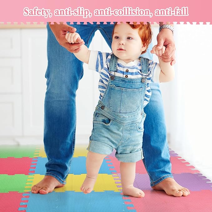Nuanchu 60 Pcs Kids Foam Puzzle Floor Mat Bulk Solid Color Foam Play Mat with Borders Interlocking Multi Use Floor Rug for Baby Toddler Children Crawling Exercise Playroom 12 inch (Colorful)