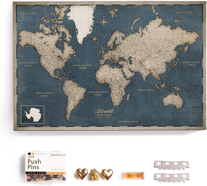 Canvas World Map with Cork Pin Board - English Lettering - Decorative Wall Decoration for All Rooms - Canvas Pictures with World Map Motif (120x80 cm, Pattern 18)