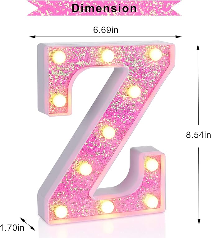 Foaky Pink Light up Letters，Pink Party Decorations,Girls Room Decor,Glitter Light Up Letters,Alphabet Letter Sign for Night Light Birthday Party Girls Gifts, Home Bar Decoration（Z）