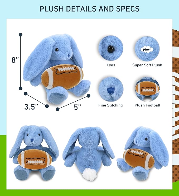 DolliBu Baby Blue Rabbit Stuffed Animal with Football Plush - Soft Huggable, Playtime Plush Toy, Cute Farm Life Gift, Plush Doll Animal Toy for Kids and Adults with Name Personalization - 8 Inches