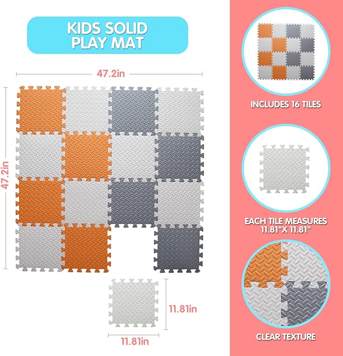 Play Mat for Babies 0-6 Months, Solid Colored Foam Floor Mat, Non-Toxic Interlocking Foam Puzzle Floor Mats, 0.4" Thick Square Kids Playmat丨47x47 Play Mat for Playpen (White/Gray/Orange)