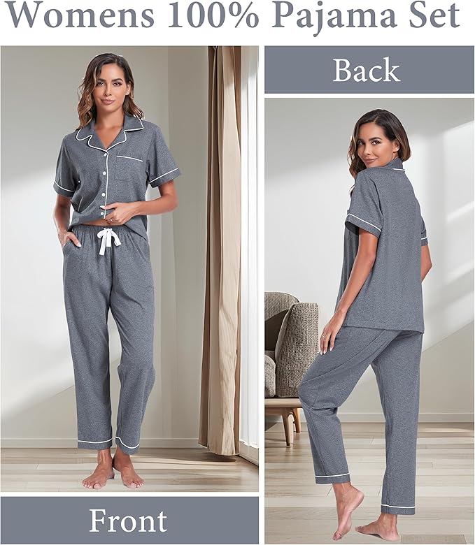 CF Womens 100% Cotton Pajamas Set Button Down Pjs Sets Short Sleeve Top & Long Pants Sleepwear Comfy Loungewear with Pockets