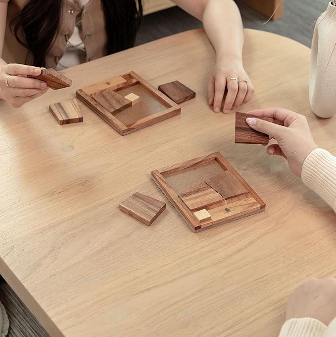 The Square Deal: Wooden 3D Brain Teaser Puzzle – STEM Skill Builder, Tangram Game, Educational Problem Solving for Adults, Unique Handmade Mechanical Puzzle