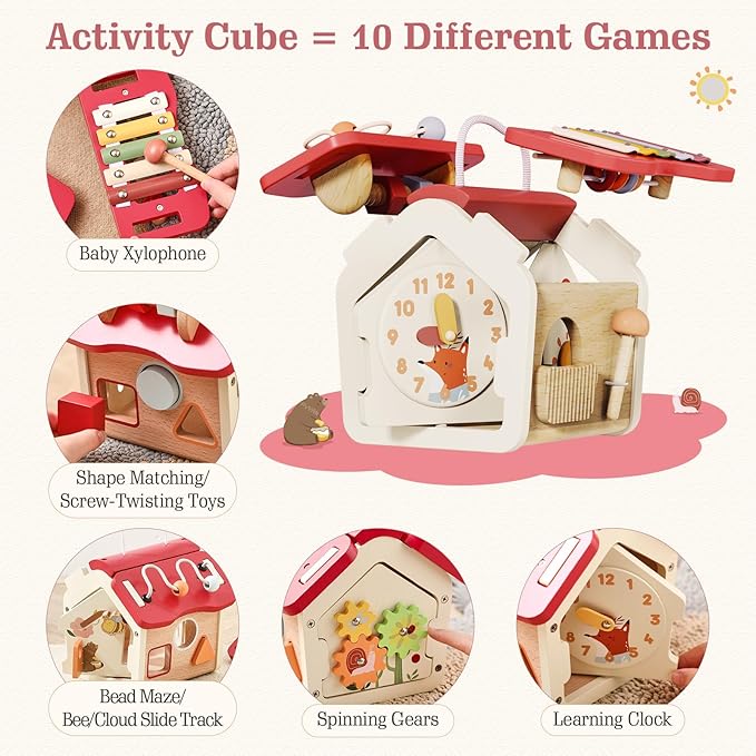 let's make Wooden Activity Cube 10-in-1 Montessori Toys Multi-Functional House Educational Toys Sensory Learning Activity Cube for Toddlers Babies 1st Birthday Gift