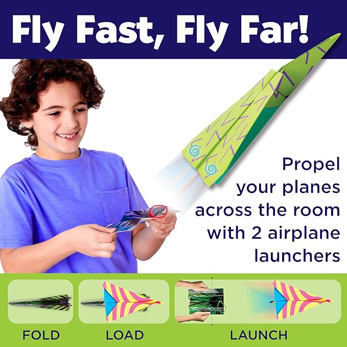 Creativity for Kids Paper Airplane Kit - Stunt Squadron Neon Glow, Makes 70 Paper Airplanes and 2 Plane Launchers, STEM Birthday or Christmas Gift, Craft and Activity Set for Boys (Ages 6-8+)