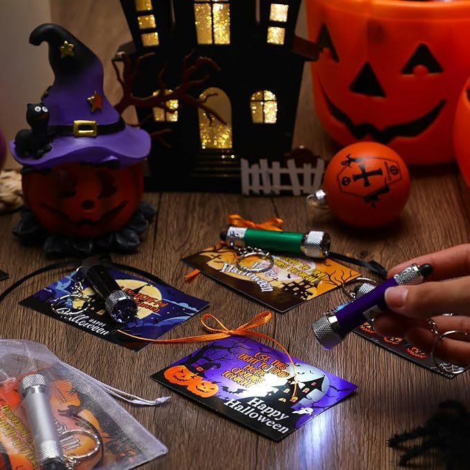 24 Sets Halloween Gifts Bulk Flashlights Set with Happy Halloween Card for Night Trick or Treat Party Favors