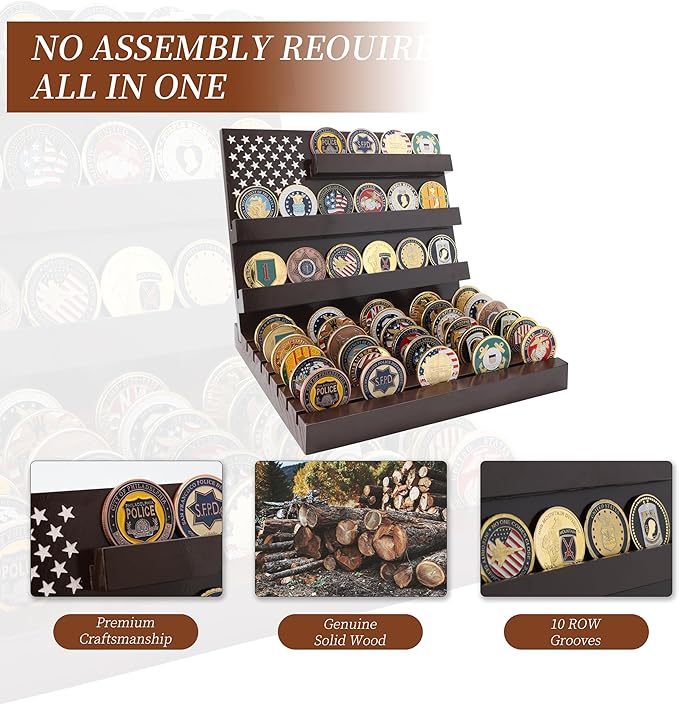 Challenge Coin Display Stand Coin Holder American Flag with Warm Color Holder Wooden Rack Gift for Military Army for Father, Military Coin Holder Display Case