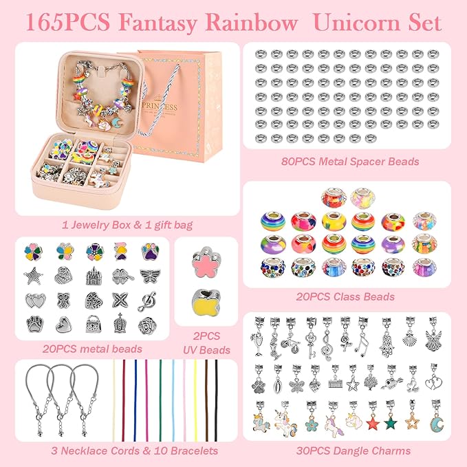 Charm Bracelet Making Kit for Girls Ages 3-12 | 165 Pcs Jewelry Making Kit Supplies for Adults | DIY Jewelry Crafts with Nice Box | Unicorn Mermaid Themed Gift for Kids Birthday Christmas Party