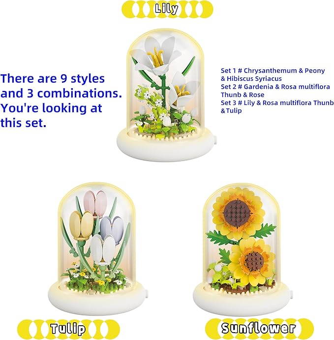 Botanical Flower Micro Blocks Set for Adults and Teens,600 PCS Mini Bricks Artificial Flowers with Light for Birthday and Gift, Lily, Sunflower and Tulip
