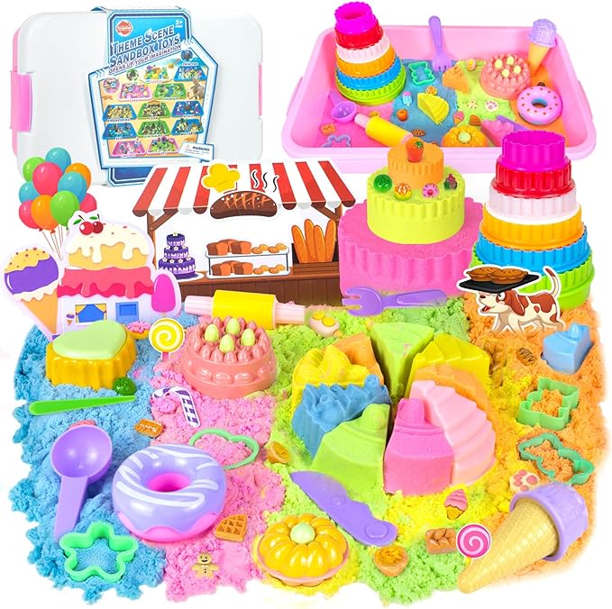Ice Cream Sensory Bin for Girls Kids,Play Sand Art Kit with 2.2lb Color Magic Sands,56 pcs Cake Molds Tools Sandbox Toy-Fun Pretend Play Desserts Toys Sensory Toys for Girls Toddler 3 4 5 6 7 8