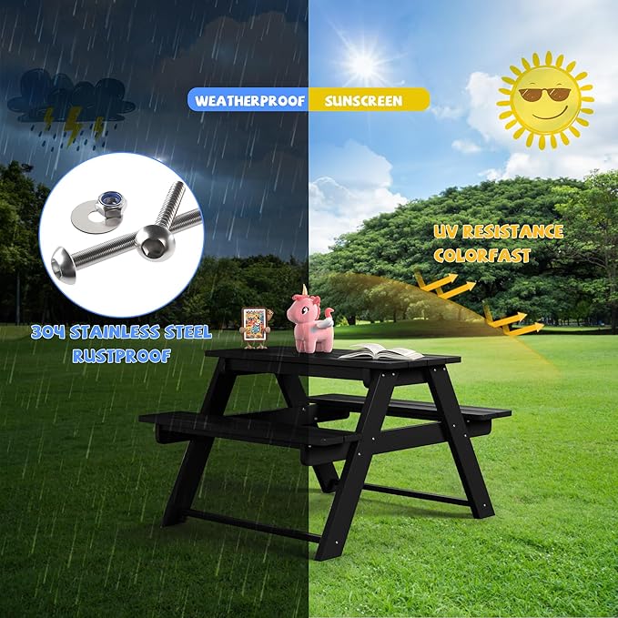 Costaelm Kids Picnic Table, HDPE All Weather Outdoor Toddler Picnic Table and Chair Set Kids Bench for Patio, Backyard, Garden, Lawn, Black