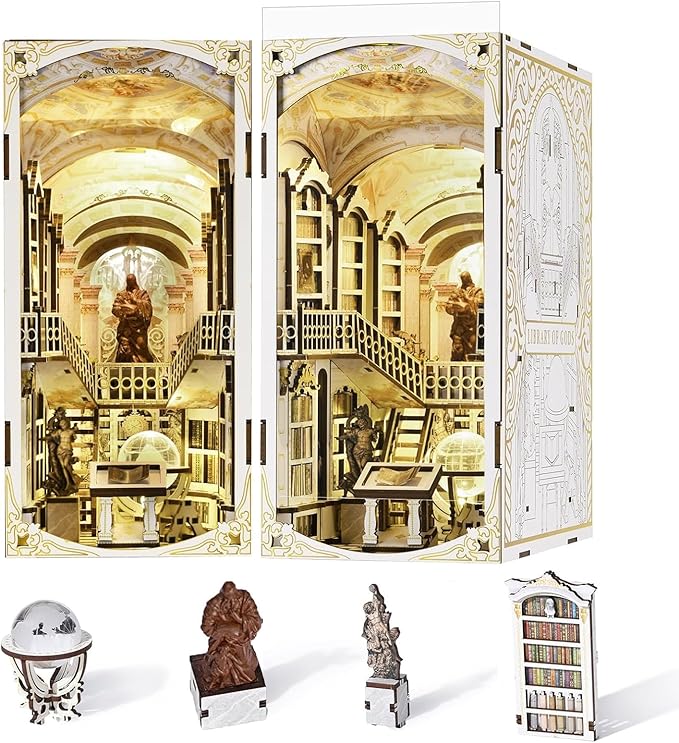 Book Nook Kit, DIY Miniature Dollhouse Booknook Kit, 3D Wooden Puzzle Bookend Bookshelf Insert Decor with LED Light for Teens and Adults (Library of Gods)