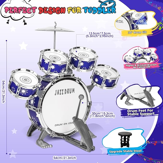 Upgraded Drum Set for Kids 3-5 Toddler Toy Ages 2-4 Jazz Drums Kit with Stool Musical Instrument Toys for 3 4 5 Year Old Girls Boys Gifts