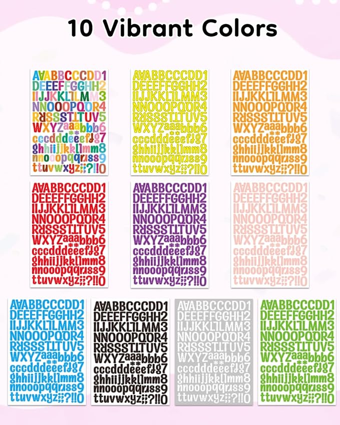 Uniclife 10 Sheets Letter Stickers, 1260 Pcs Scrapbook Stickers, 1 Inch Vinyl Number Alphabet Sticker, Self-Adhesive Stick on Letters for Mailbox Bottles Crafts Posters Decor, 10 Colors