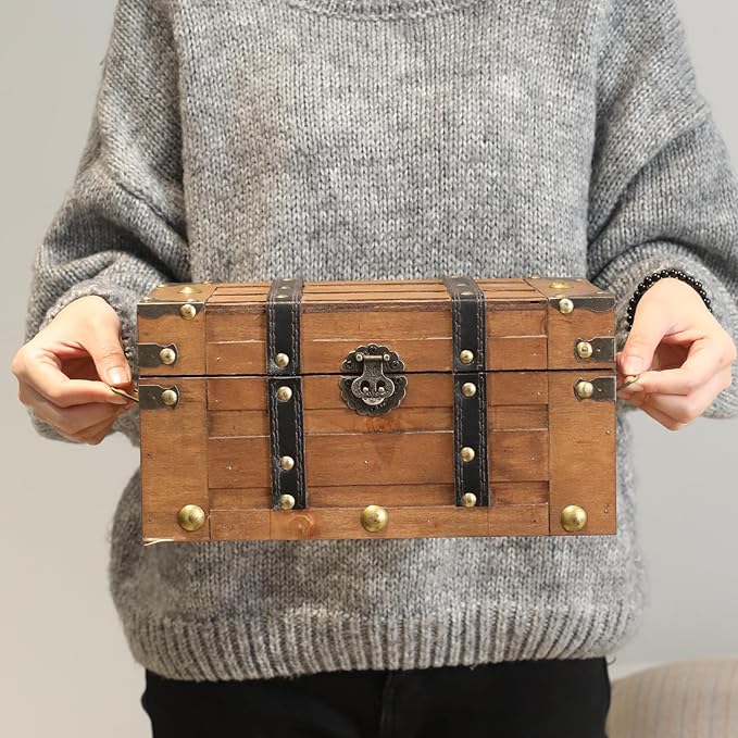 Deluxe Wooden Treasure Chest - 11" x 7.1" x 5.5", Elegant Storage Box with Sturdy Hinged Lid, Vintage-Inspired Decorative Trunk for Keepsakes, Brown