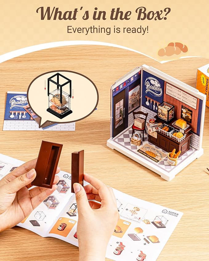 Rolife Super Creator Mini-Size | DIY Miniature Plastic House Building Set Playset with Dustcover, Suitable for Mini Figures Construction Toys Diorama Gifts for Adults (Butter Bakery House)