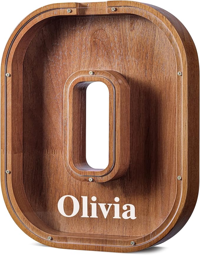Summidate Customized Name Large Wooden Piggy Bank for Kids Boys Girls Alphabets Letter A-Z Coins Bills Money Change Bank Box Initial on Clear Cover (Laser Engraved) (Alphabet-O, Personalized-12)
