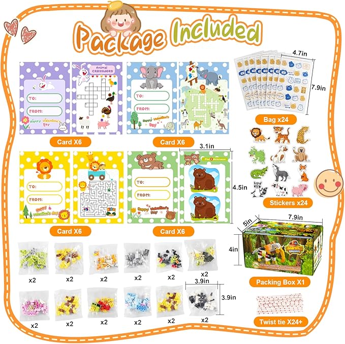 24 Packs Animal Building Blocks Valentines Gifts for School, Valentines Exchange Party Gifts for Boys Girls