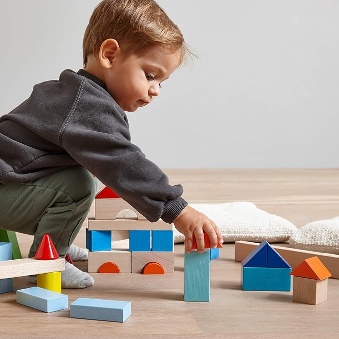 HABA Colored Wooden Building Blocks - 46 Piece Set of Wooden Toys, Stacking Toys for Toddlers 1-3 for Open Ended STEM Play, Made in Germany