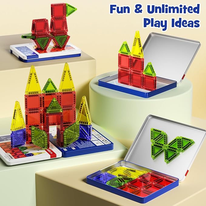Mini Magnetic Tiles Building Blocks, Portable Travel Construction Set, STEM Toddler Puzzle Birthday Gift Toys for Children Ages 3 4 5 6 7 8