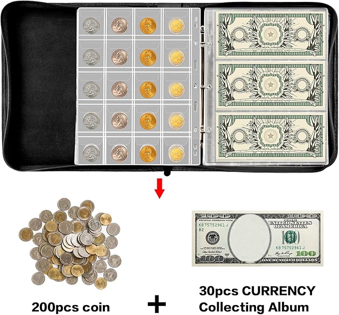 Coin Collection Book Holder for Collectors, 200 Pockets Collecting Album & 30 Sleeves Paper Money Display Storage Case for Currency Collection Supplies (200 coins+30 paper money binder)