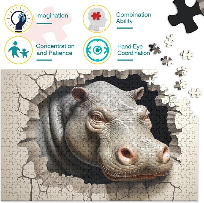 Hippo Thickened Wooden Jigsaw Puzzle Adults Fun 500 Piece 3D Animal Education Game Decoration Stress Relief Toy Toy Intellectual Game Relaxation and Intelligence 500pcs (52x38cm)
