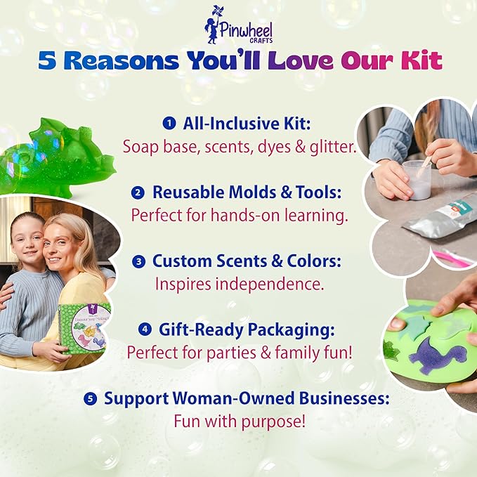 Pinwheel Crafts DIY Soap Making Kit for Kids Ages 5 6 7 8-12+ with Molds, Scents, Dye, Glitter, Foaming Net – Dinosaur Soap Making Kits for Adults Beginners Great for Science Projects and Crafts