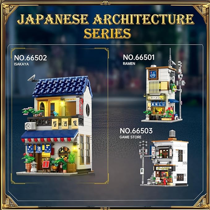 Reobrix Japanese Izakaya Shop Building Blocks 66502, 2 in 1 Creative Street View House Building Kit with Lighting Set, Japanese Architecture Home Office Decor, Ideal Gifts for Boys Girls Adults 14+