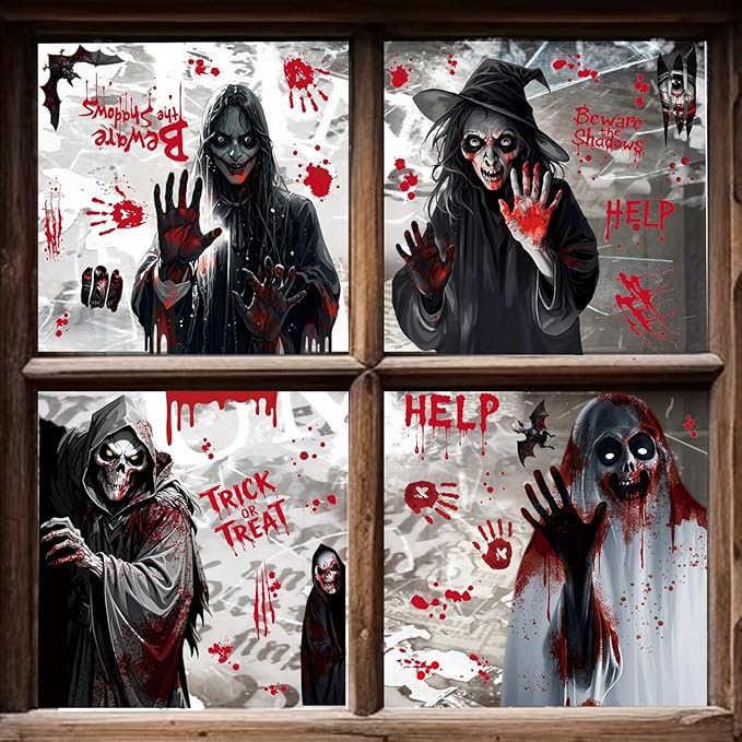 Halloween Window Clings Stickers for Glass Halloween Decals Decorations Scary Ghost Skull Pumpkin Window Sticker with Bloody Handprint Bat Designs for Spooky Party DIY Decor Supplies