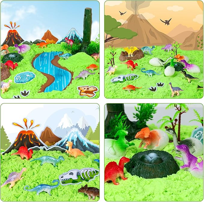 Dinosaur Sensory Bin Toys, 49 Pcs Dinosaur Sandbox Sands Kit with 2.2lb Magic Sand & Dinsoaur Figures,Sandbox with lid, Play Sand Kit, Kid Sensory Bins Birthday Gift for 3 4 5 6 7 8 Years Old