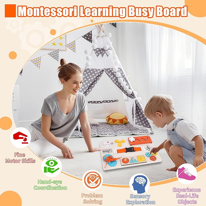 ATOYUS Montessori Busy Board Toddler Toys for Ages 3-5, Wooden Baby Sensory Toys for Kids 3 4 5 Year Old with Autism, Preschool Learning Educational Christmas Birthday Infant Gifts for Boys Girls 3+