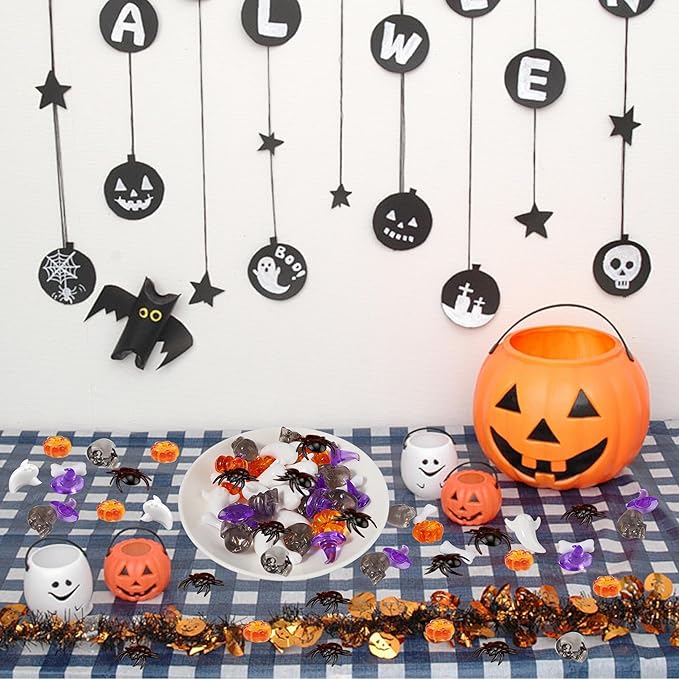 120pcs Halloween Acrylic Sensory Bin Filler, Mini Acrylic Pumpkin Ghost Skull Spider Witch Hats Gems Table Scatter Vase Filler for Autumn DIY Crafts Home Centerpieces Table Decorations