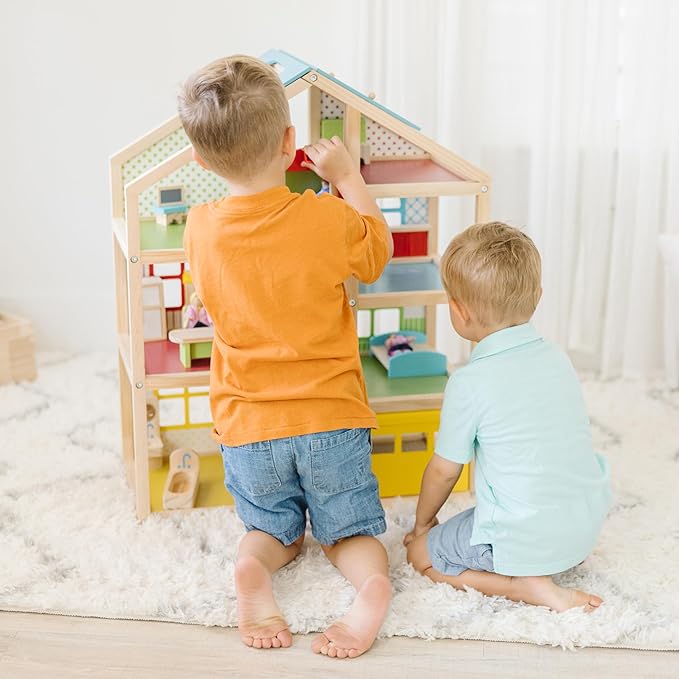 Melissa & Doug Hi-Rise Wooden Dollhouse with 15 pcs Furniture - Garage and Working Elevator