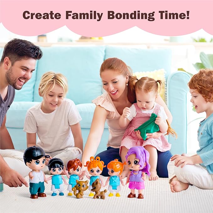 Dollhouse People, 8 Family People Figures and Pets Playset - Bendable Little People Figures - Perfect Figurines for Imaginative Fun and Dollhouse Play - Play Doll House Accessories Toys