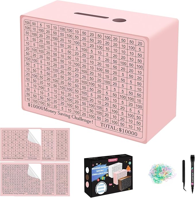 Wooden Cash Savings Box with Counter, Vault Bank for $10000 $5000 $3000 $1000 $800 $500 Target Money Challenge, Reusable Money Box with Dry Erase Pen/Savings Trackers/Rubber Band-Pink