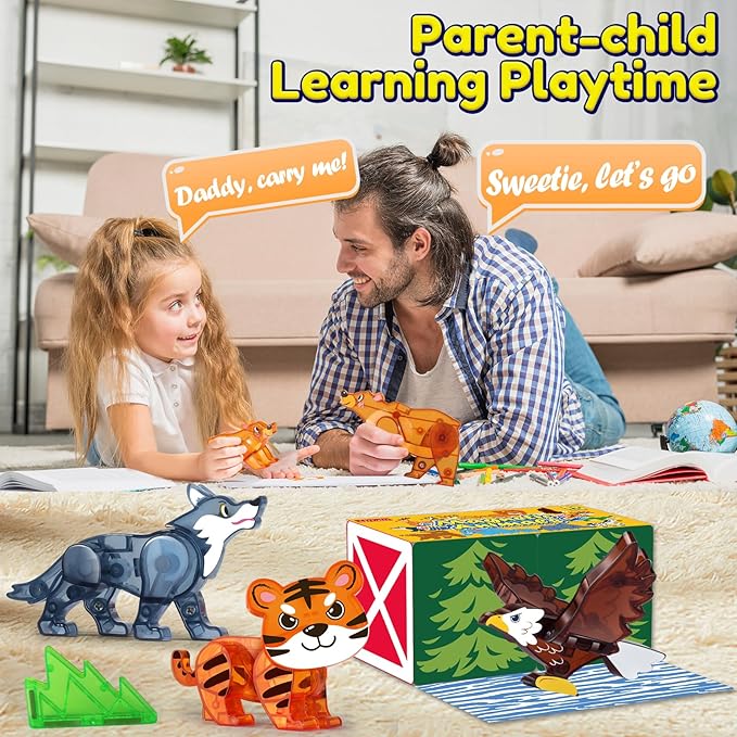 Oriate Magnet Wild Animals for Magnetic Tiles, 5pcs Movable Joints Zoo Animals for Magnetic Blocks, Animal Toys Compatible with Magnetic Tiles, Educational Magnetic Building Tiles for Kids