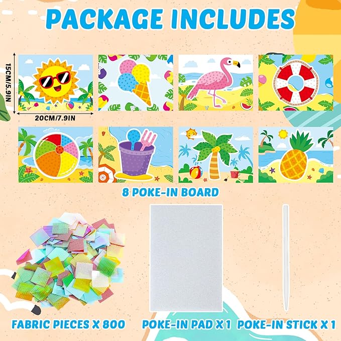 8PCS Poke-in Craft and Art Kit for Kids Summer Theme No-Mess Fabric Sewing Art Girls Boys 4-12 Puzzle Puncture Painting DIY Beach Hawaiian Toy Gift for Creative Activity Game Birthday Party