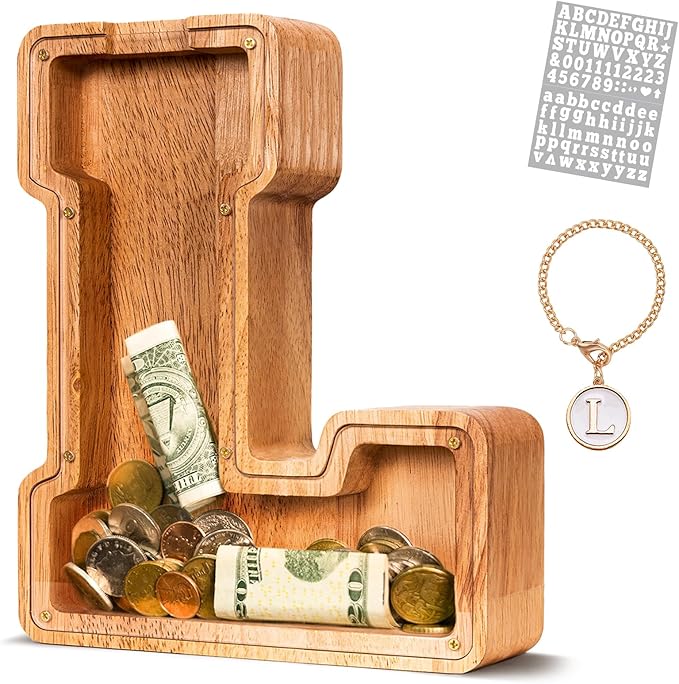 KMC Wooden Letter Piggy Bank, Personalized Initial Piggy Bank for Kids Boys, Clear Alphabet L Wood Money Box, Unbreakable Coin Saving Jar, Birthday, for Children