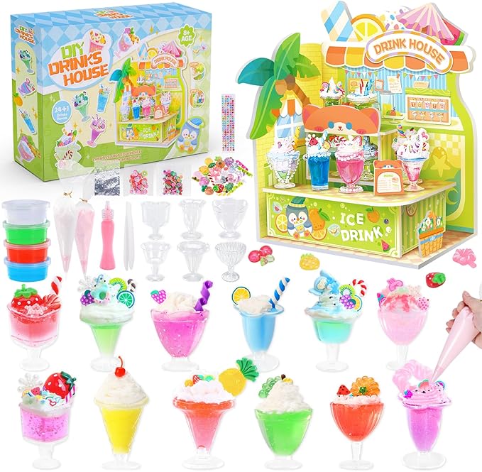 DIY Mini Drink Shop Toy, Making 24 Miniature Juice Drinks Cream Material Kit, NOT Edible, Collectible, Kitchen Pretend Play Food Toys Set, Make Your Foods, Gift for Kids Age 8+