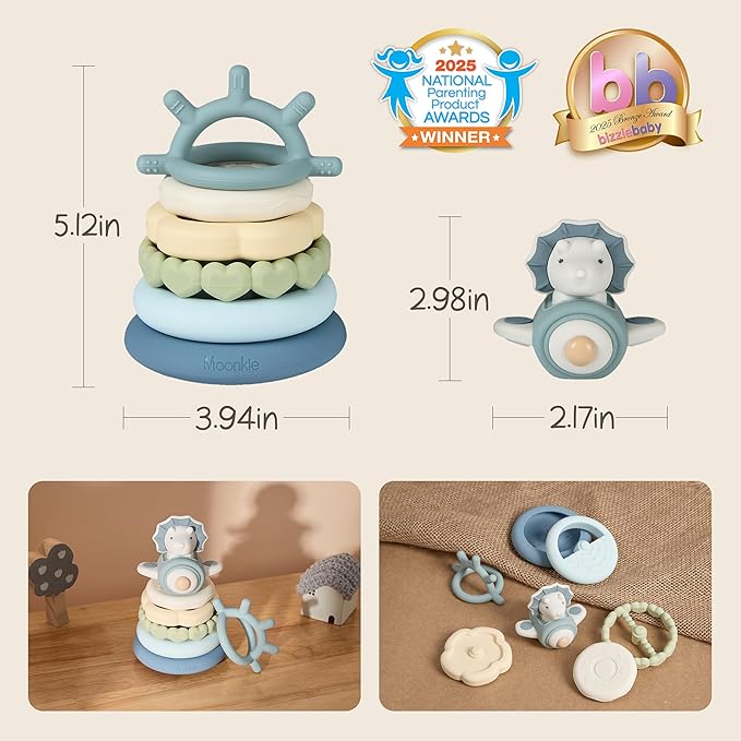 Moonkie Dinosaur Baby Stacking Toys | 7-Piece Silicone Rings for Teething Relief | Educational Toy for Infants & Toddlers 6 Months+ | Baby Shower or Birthday Gift for Boys