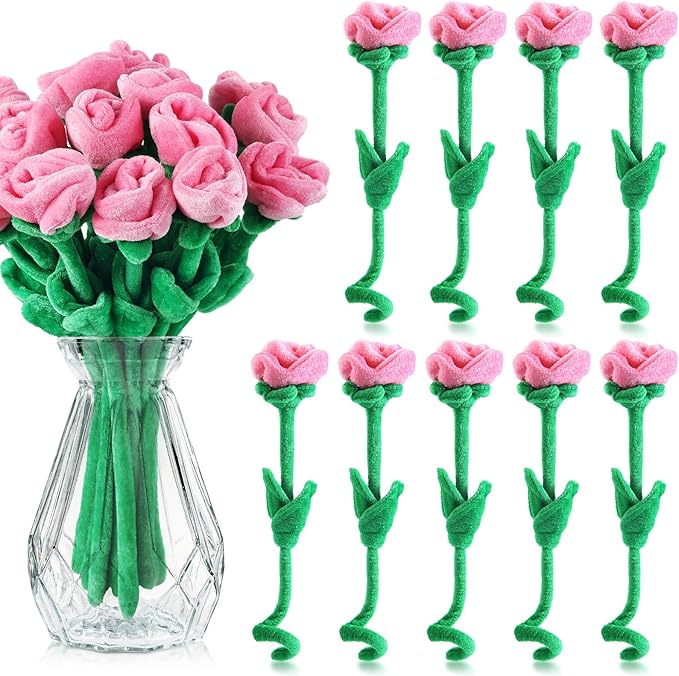 18 Pcs Plush Rose Flower Stuffed Bendable Stems Plush Bouquet Toy Soft Floral 12.6 Inch for Graduation 2025 Mother's Day Valentines Day Girl Girlfriend Wife Family and Friends(Pink Series)