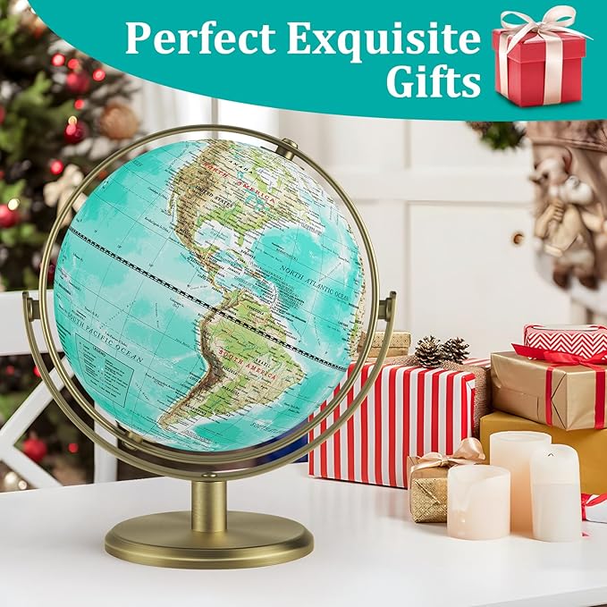 8'' World Globe with Gold Stand 720° Rotating, Kids Adults Student Geography Educational, Desk Globe Decorative Office Classroom, Unique Birthday Christmas Gifts (Elegant Turquoise)