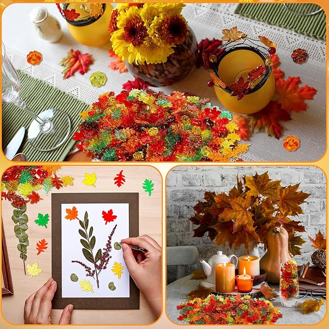 Frienda 400 Pieces Acrylic Fall Vase Filler Mini Pumpkins Leaves Maple Acorns Sensory Bin Filler for DIY Crafts Home Decoration Thanksgiving and Autumn Table Centerpieces