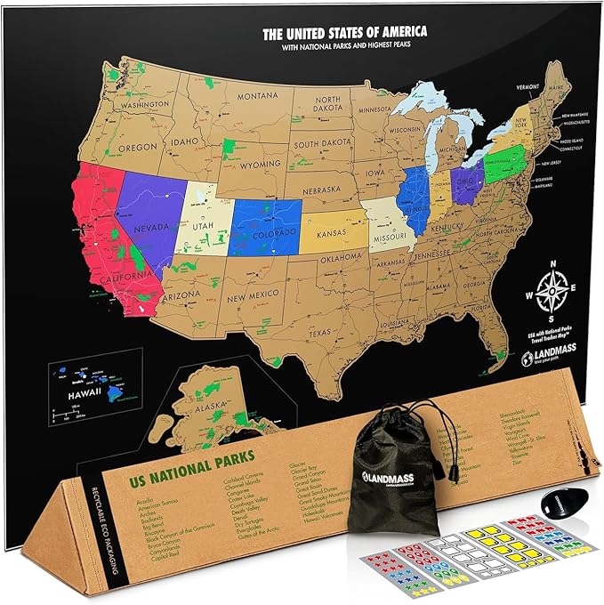 Landmass Scratch Off United States Map, Travel Poster with National Parks, State Capitals, USA Wall Art, Gift for Travelers, Home Travel Decor, Gift Idea for Adventure Enthusiasts, 17x24 Inches