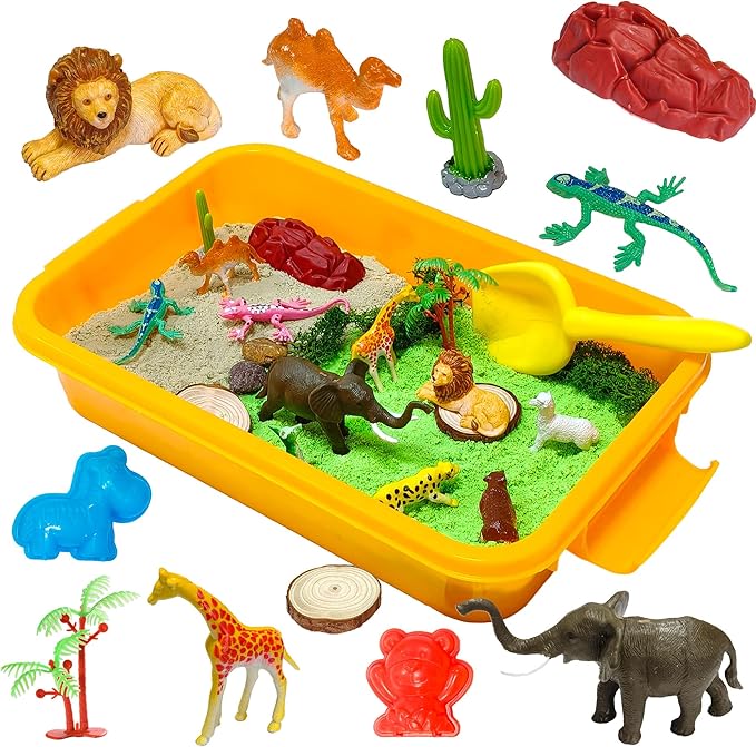 Jungle Sensory bin,Safari Animal Figures Playset Toys,Wild Forest Sandbox,Desert Animals Play Sand Set with Sensory Sand,Zoo Animal Figurines,Jungle Adventure Play Kit for Kids 3 4 5 6 7