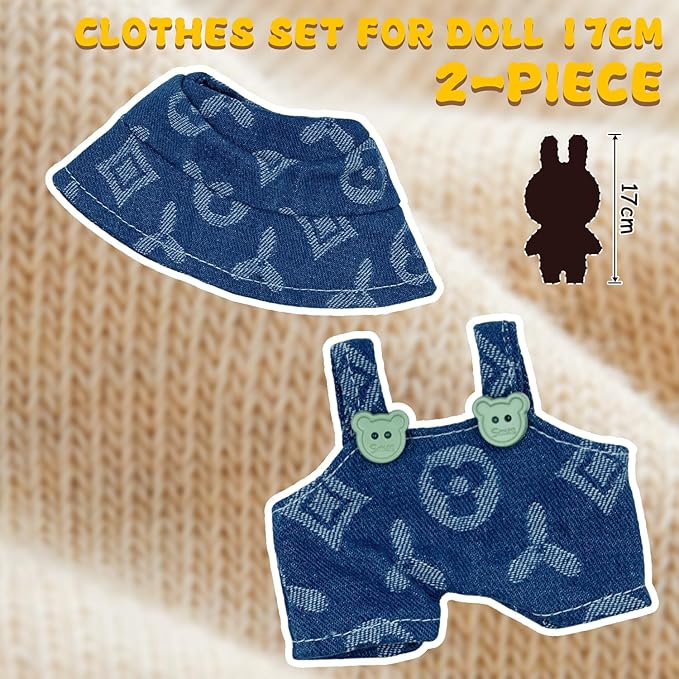 17cm Clothes Set(Only Outfit), Hat & Overalls Set for 6.7inch Doll, Cute Clothes for Dress up Unique Style, Stylish Clothes for Doll (Blue)