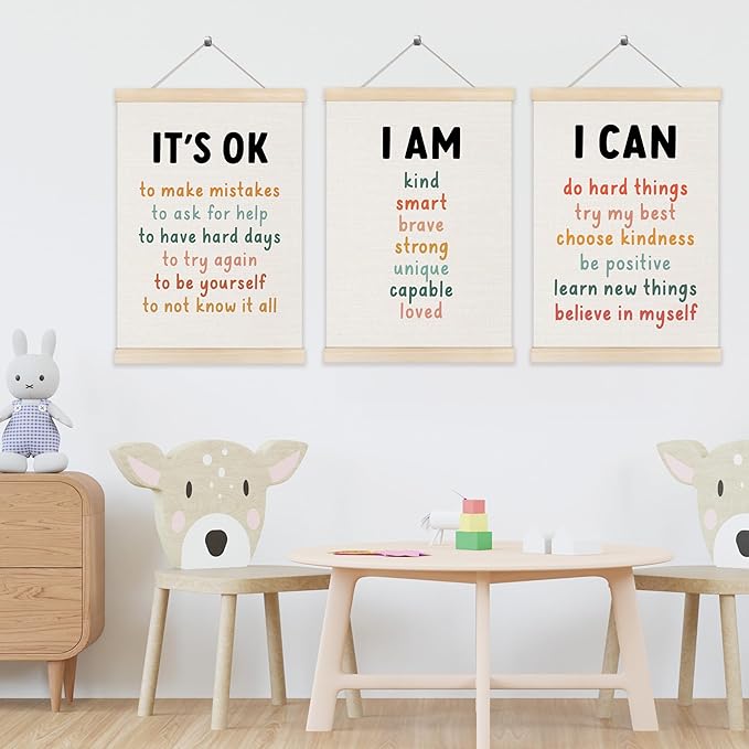 Inspirational Classroom Wall Art Poster Hanger Frame 12x16 Inch Set of 3, Positive Affirmations for Kids, Motivational Canvas Pictures Prints Framed Wall Decor for Classroom Kids Room Playroom